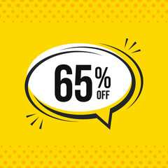 65% off. Discount vector emblem for sales, labels, promotions, offers, stickers, banners, tags and web stickers. New offer. Discount emblem in black and white colors on yello