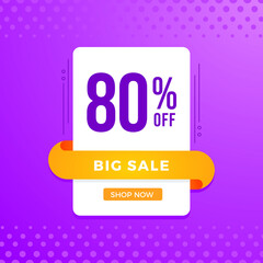 80% OFF Sale. Discount price. Marketing Announcement. Discount promotion. Special offer with 80% discount. White emblem on a lilac background.