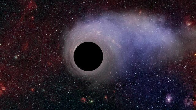 Black hole swallowing a dust cloud. Space clouds falling into a spinning blackhole. A black hole bending spacetime in the milky way