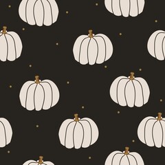 Simple pumpkin pattern. Cute white pumpkins. Black background. Vector texture. Elegant print for Wallpaper.
