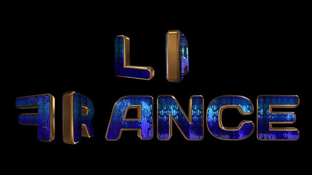 France - 3D inscription. Golden animated letters with live national royal ornament. Country name in native and English. Loop. Alpha channel.