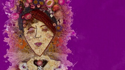 Portrait of a woman made of flowers. Frida Kahlo inspired artwork on colorful textured paper with copy space