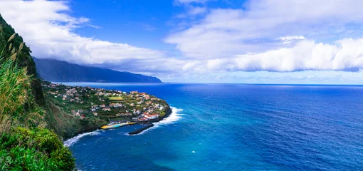 Poster Madeira island sea nature scenery. top view of beautiful village Ponta Delgada in northern part. Portugal travel © Freesurf