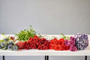 Flowers bunch, set for home. Fresh cut flowers for decoration home. European floral shop. Delivery fresh cut flower.