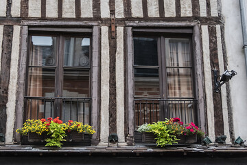 Architecture of Half-timbered buildings in old quarters of Orleans. Orleans is a city in north-central France, about 111 kilometers southwest of Paris.
