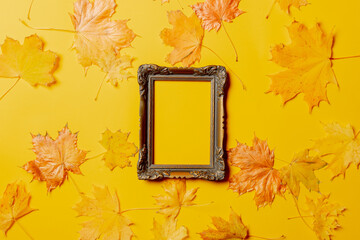 Picture frame and maple leaves around on yellow background.