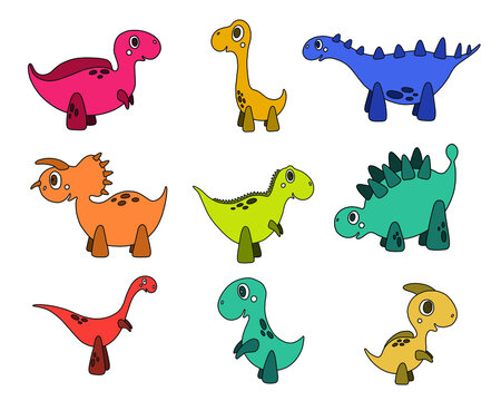 Vector collection with nine cartoon dinosaurs. Cute children character in bright colours. Nice illustration for cards, stickers, print, poster, kids room decor.