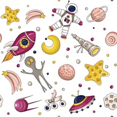 Space. Seamless pattern. Space icons and elements. Vector illustration. Hand-drawn.
