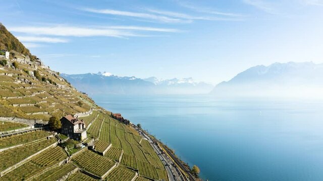 Les vignes de lavaux vues du ciel. Vue a&eacute;rienne en drone de bourg-en-lavaux et du lac l&eacute;man en 4k. 
