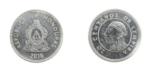 Honduras twenty centavos coin on white isolated background
