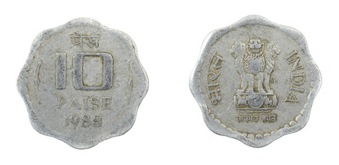 India ten paise coin on white isolated background