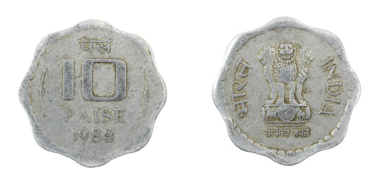 India ten paise coin on white isolated background