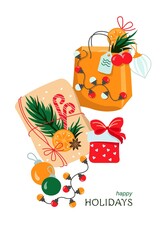 Postcard for Christmas or New Year. Vector illustration. Gifts, garlands, balls.
