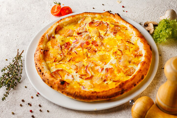 fast food, appetizing pizza with ingredients on a light background