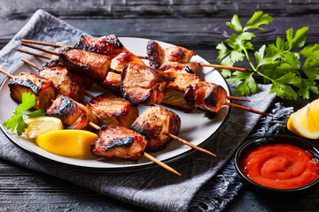 Juicy grilled pork kebabs on a plate