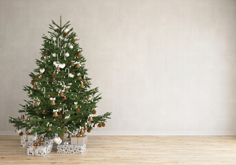Light wall mockup with Christmas tree, gifts and wood floor, 3d render, Christmas inspiration