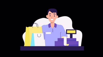 male cashier character animation with ALPHA channel. shopping concept, worker at shop, store, supermarket. template for explainer video. 2d flat cartoon style stock footage. guy at  cash register.
