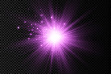 Purple glowing light star, violet burst sun rays.