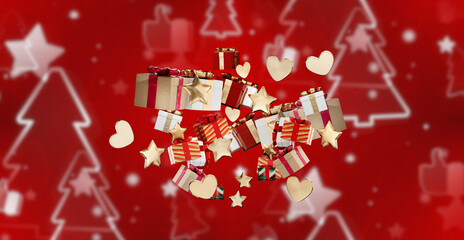 Christmas gifts in front of a artistic creative abstract firs stars and thumbs up background 3d-illustration
