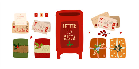 Christmas mail set. Postal items to Santa Claus. Congratulatory letters, parcel post, gifts, mailbox. Vector illustration in cartoon flat style.