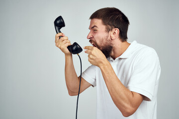 Cheerful man emotions talking on the phone retro style