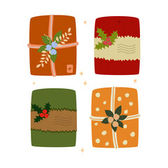 Christmas gift boxes. Gifts are decorated with plants, berries, ribbons. Vintage style Hugge. Kraft packaging. Vector illustration cartoon flat style. Isolated on white background
