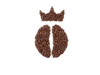 A schematic representation of coffee beans made from roasted coffee beans. The crown of their coffee beans on the White isolated background. The concept of using the best coffee.