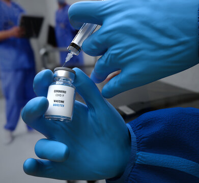 Third booster dose of the Covid-19 vaccine, Doctor holds vaccine in the hand, 3D illustration