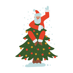 Santa Claus on the top of the Christmas tree. Indoor climbing holiday story. Template for Christmas and New Year card, banner, invitation letter, advertising. Flat vector illustration.