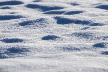 White snow on the frozen ground, winter in a nature reserve, a lot of snow, light reflecting off ice crystals, snowflakes, white