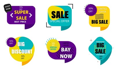 Sale, Special offer, 50% discount. Set of advertising stickers, labels. Low prices. Retail business promotion icon. Attracting customers. Limited time sale. Abstract design. Vector illustration