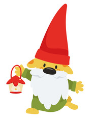 Dog gnome holding candle lantern. Fairytale character in cartoon style