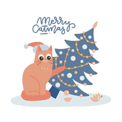 Naughty cat droping a decorated Christmas tree. Xmas flat vector illustration, card, banner, poster, print with lettering text - Merry Catmas.