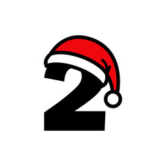 Logotipo con número 2 con silueta lineal de sombrero de Papá Noel en color negro y rojo, para su uso en invitaciones y tarjetas de felicitación © teracreonte