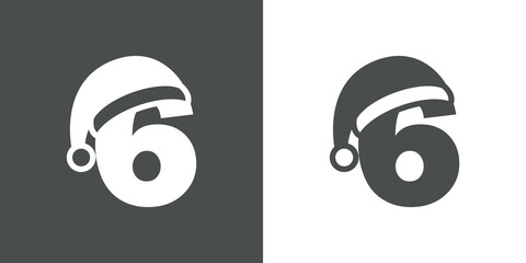 Logotipo con número 6 con silueta de sombrero de Papá Noel en fondo gris y fondo blanco, para su uso en invitaciones y tarjetas de felicitación