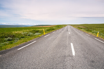 Deserted road through the countryside in Iceland on a cloudy day
