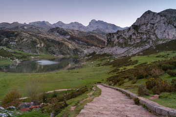 Access to Ercina lake from the Entrelagos viewpoint in the Covadonga Lakes. Picos de Europa National Park in Asturias, Spain.