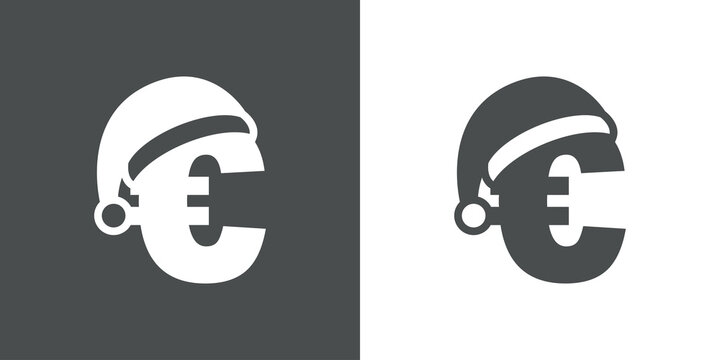 Logotipo con s&iacute;mbolo del euro con silueta de sombrero de Pap&aacute; Noel en fondo gris y fondo blanco, para su uso en invitaciones y tarjetas de felicitaci&oacute;n	