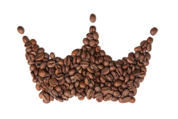 The concept of using the best coffee. A sketch of a crown made from roasted coffee beans. White isolated background.