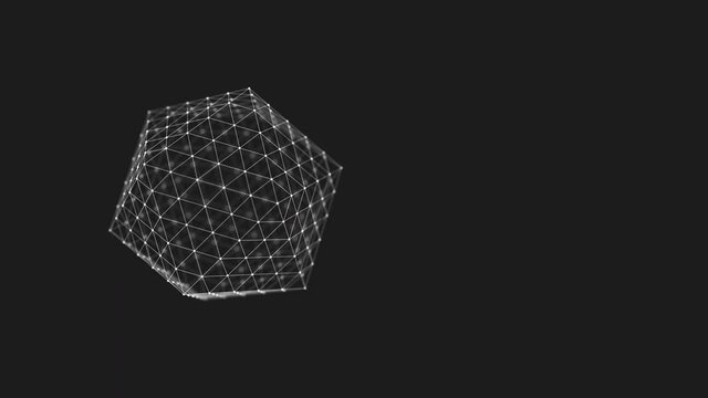 A geometric 3d object of white lines and dots rotates in a loop on a black background