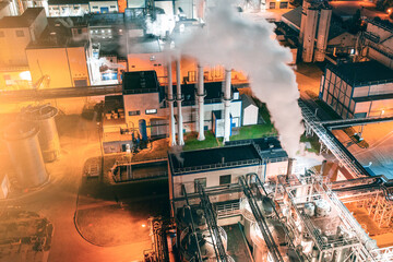 oil refinery at night. Heavy industry. Aerial photography