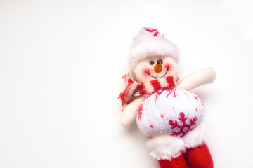 snowman with Christmas hat and scarf, located on the right with white background and top view

