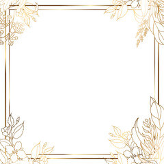 Square gold frame made of golden beautiful flowers and branches on a white background. Minimalism of forms in a square frame and abstraction. Leaves with plant flowers. Vector.