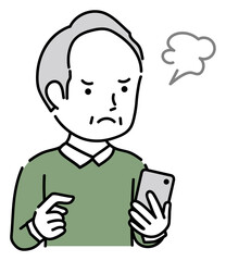 スマホを操作するイライラしているシニア男性ビジネスパーソン