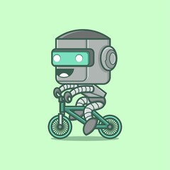 Fototapeta premium cute cartoon robot character riding a bicycle. vector illustration for mascot logo or sticker