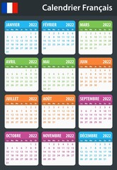 French Calendar for 2022. Scheduler, agenda or diary template. Week starts on Monday