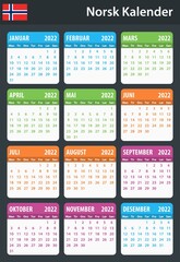 Norwegian Calendar for 2022. Scheduler, agenda or diary template. Week starts on Monday