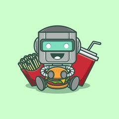 Cute cartoon robot character with burger, fries and soft drink. vector illustration for mascot logo or sticker