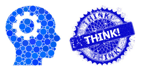 Brain gear vector collage of round dots in different sizes and blue color tints, and scratched Think! stamp. Blue round sharp rosette badge contains Think! caption inside.