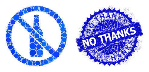Forbidden beer vector mosaic of round dots in different sizes and blue color tones, and textured No Thanks stamp seal. Blue round sharp rosette stamp seal contains No Thanks tag inside.